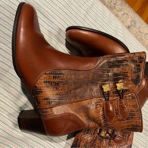 Brown Leather Booties with Crocodile Pattern. Size 8